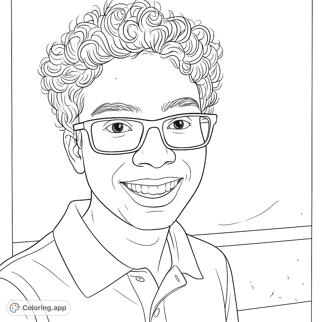 A friendly young man with curly hair and glasses, captured in a cheerful smile. Perfect for personalizing with your favorite shades.