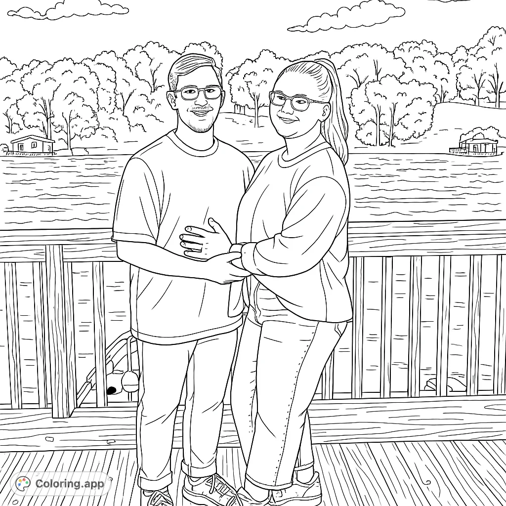 Capture a loving couple on a wooden dock overlooking a serene lake with forested hills and distant houses. A perfect scene for relaxation and creativity.