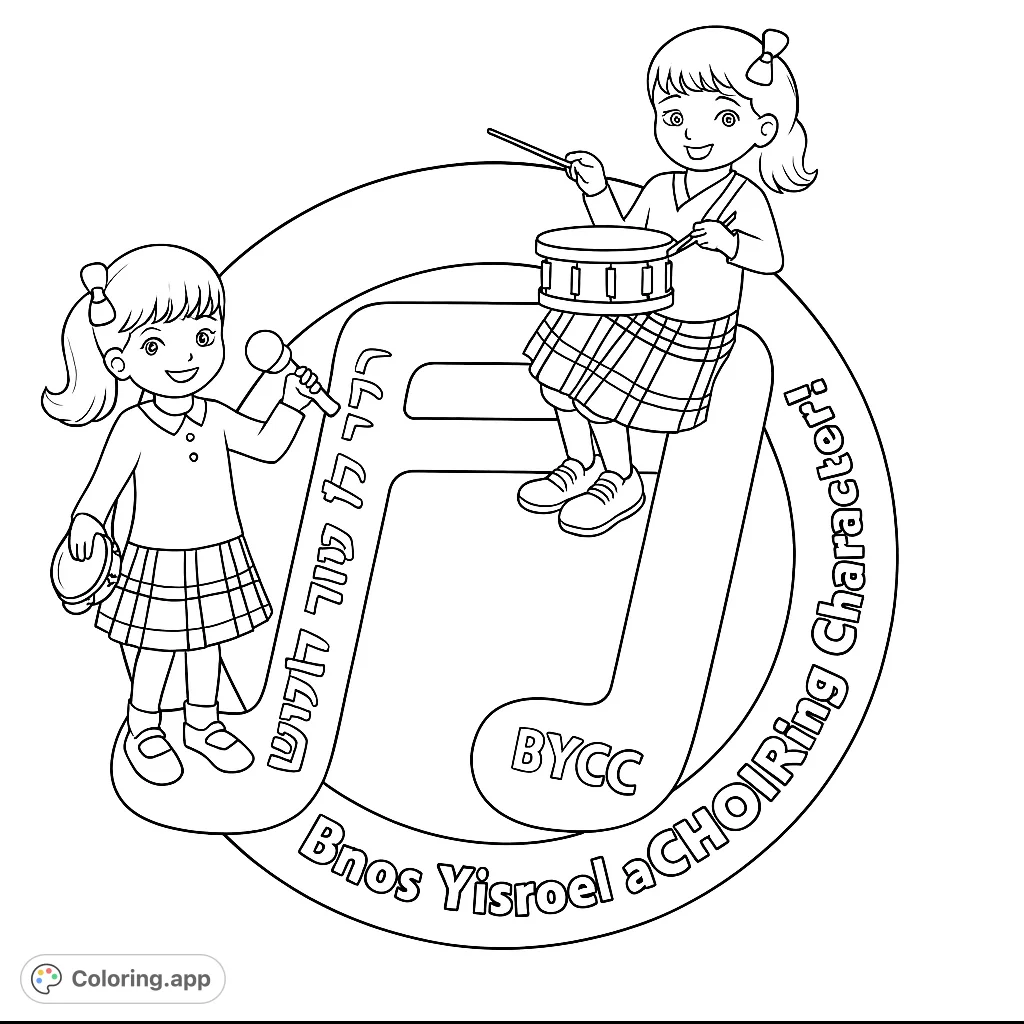 Two cheerful girls perform music, one singing with a microphone and tambourine, the other playing drums, all on a large musical note.