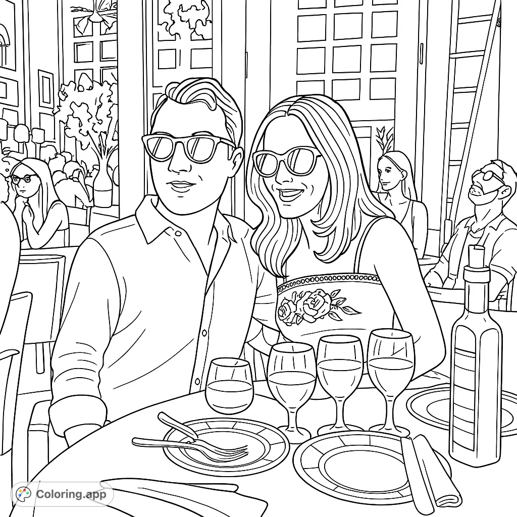 Capture a lively restaurant scene with a couple enjoying a meal, surrounded by detailed table settings and a bustling background. Perfect for a relaxing coloring experience.