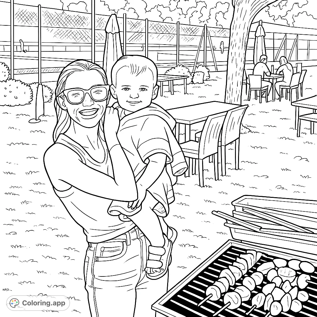 A joyful woman holds a smiling baby at an outdoor gathering with a BBQ and tennis courts in the background. Perfect for family-themed coloring.