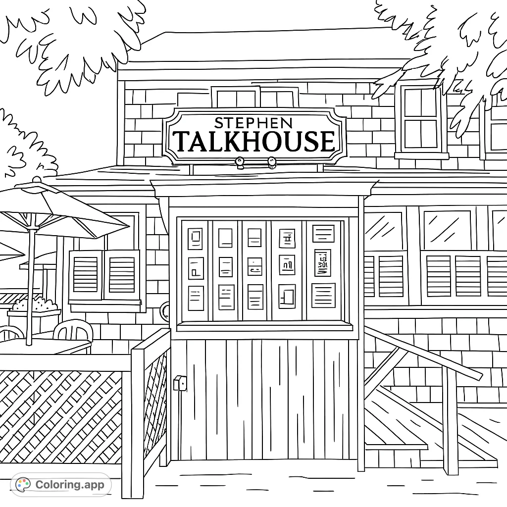 Color a charming scene featuring the Stephen Talkhouse building, its inviting patio with umbrellas, and surrounding foliage. A delightful architectural and outdoor setting.
