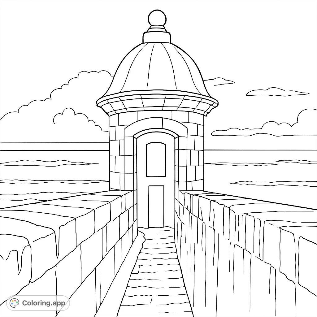 Explore a historic coastal sentry box overlooking a vast ocean with rolling waves and a cloudy sky. A detailed architectural and seascape coloring page.