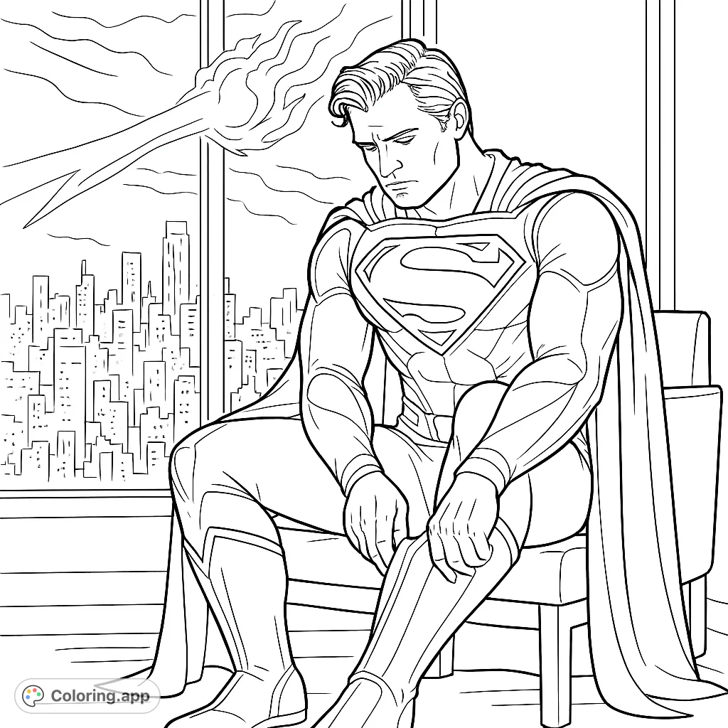 Color a powerful superhero in a detailed suit, adjusting his boot against a dramatic cityscape backdrop with an energetic sky phenomenon. A dynamic and engaging scene.