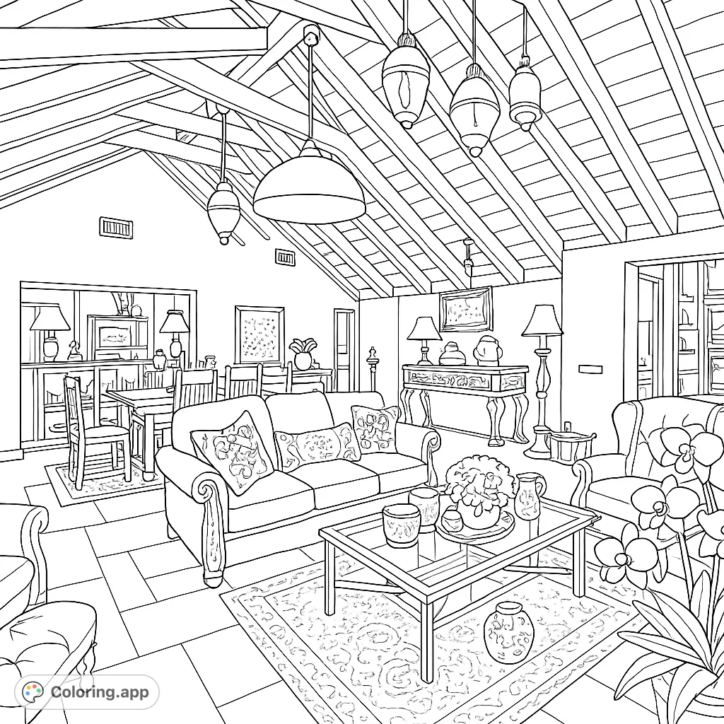 Explore an elegant living room with a vaulted ceiling, plush furniture, and intricate decor. A detailed interior design coloring page for relaxation.