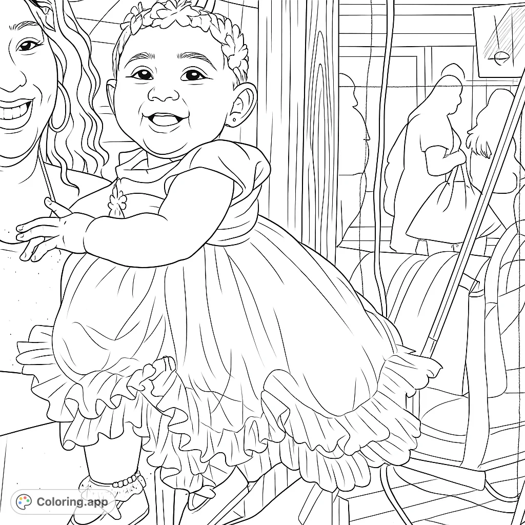 Capture the pure joy of a smiling baby in a beautiful ruffled dress and floral headband. A delightful and heartwarming coloring page for all ages.