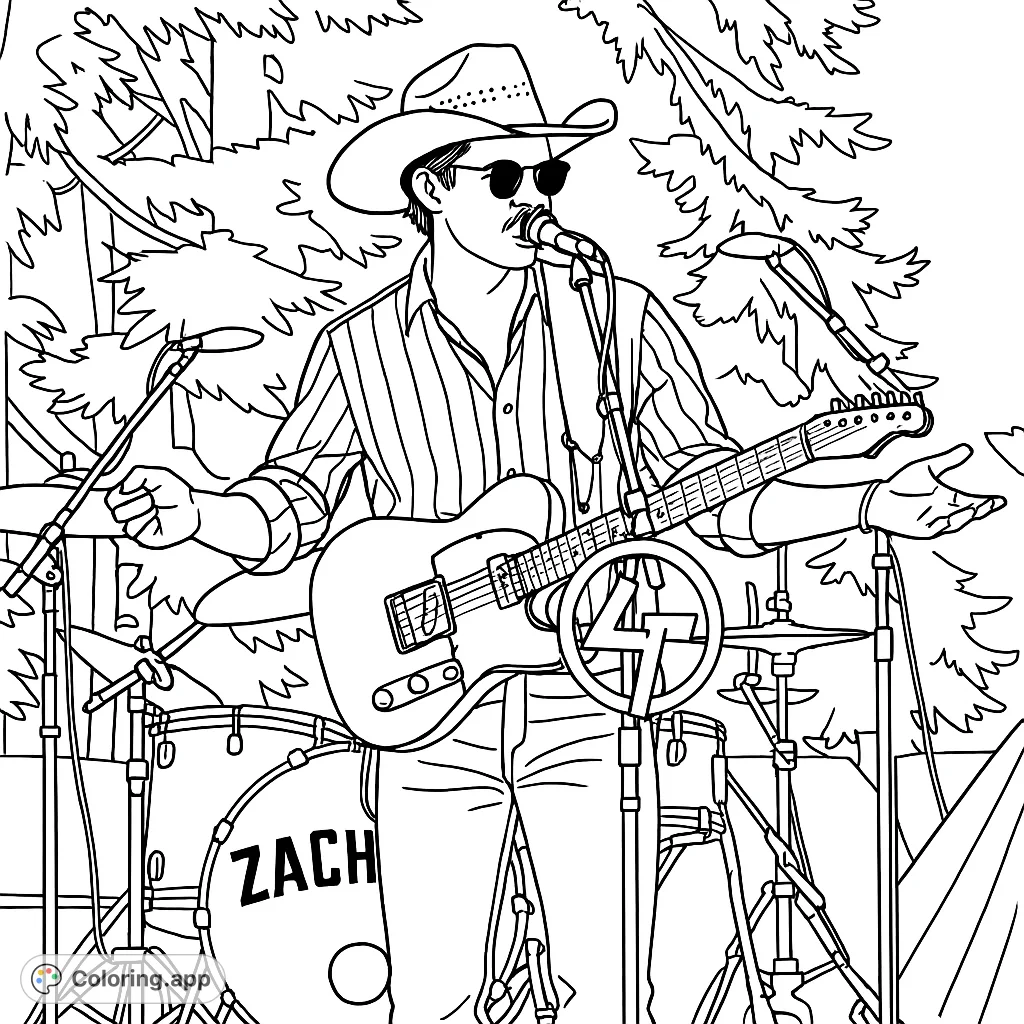 Capture the energy of a live country music performance with this musician coloring page. Features a singer with a guitar, drums, and an outdoor stage setting.