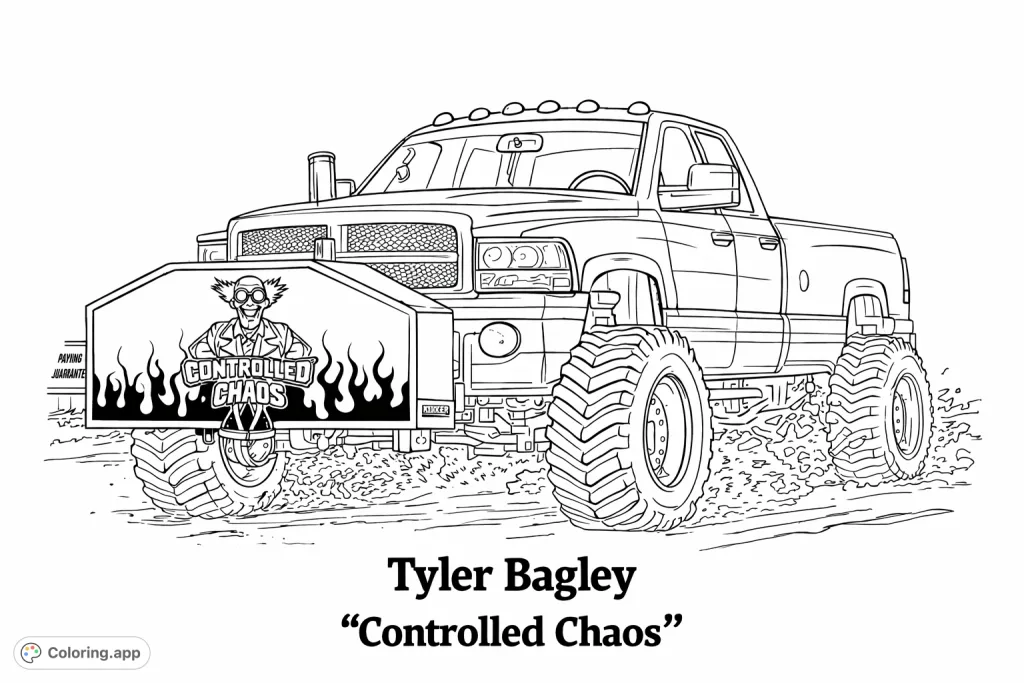 A powerful pulling truck, "Controlled Chaos," with a mad scientist graphic, ready to dominate the dirt track. Features massive tires and intricate details.