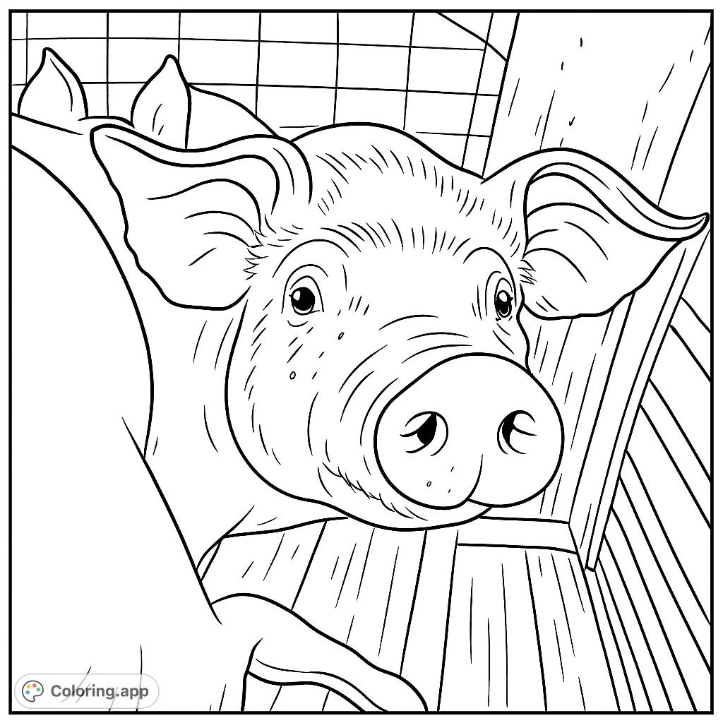 A charming pig coloring page featuring a friendly pig's face with expressive eyes and a prominent snout, perfect for farm animal enthusiasts.
