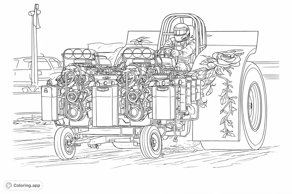 Experience the thrill of tractor pulling! This dynamic coloring page features a powerful, multi-engine vehicle with intricate details and a bold rose design, lifting its front wheels.