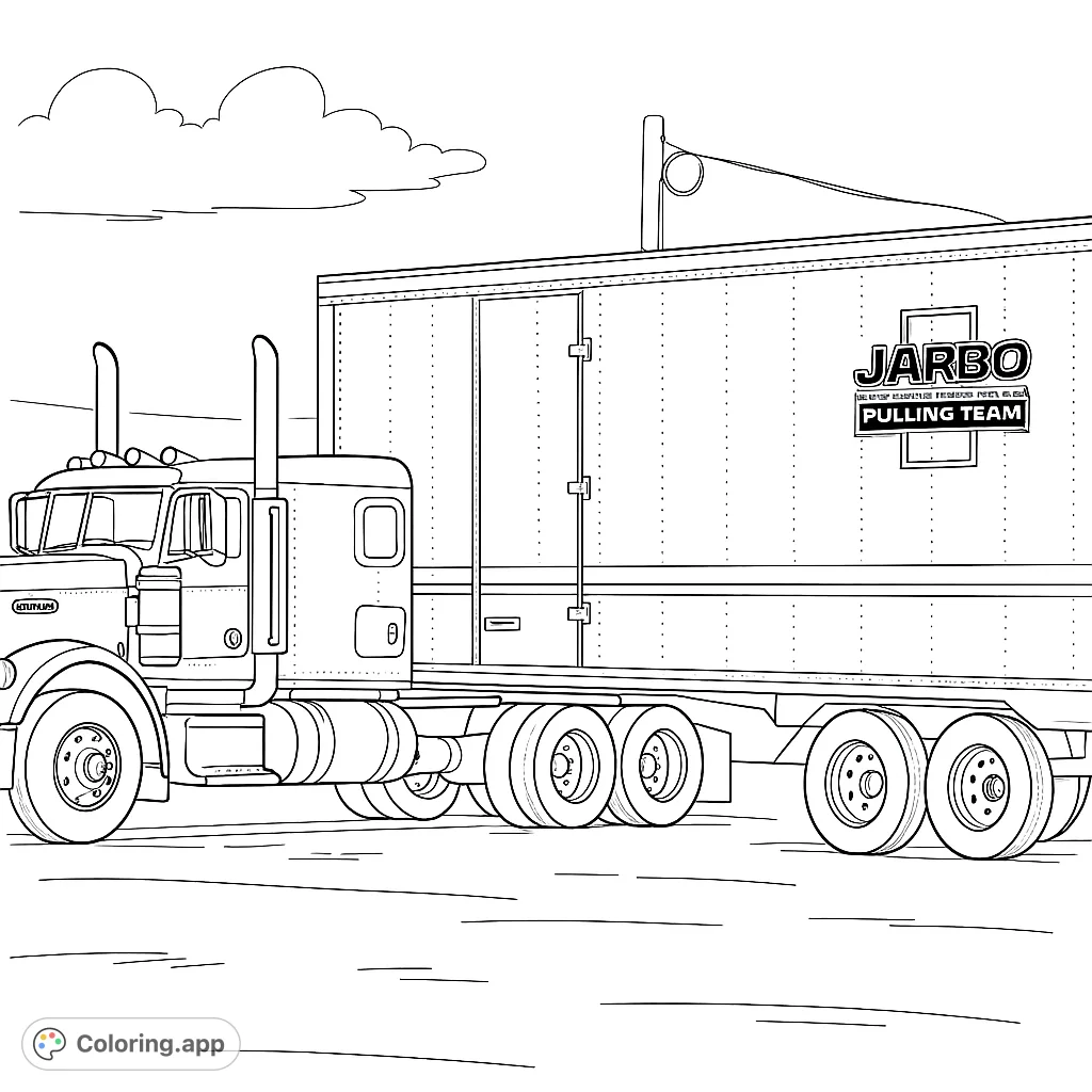 Color a powerful semi-truck and its long trailer, featuring detailed wheels, exhaust stacks, and a spacious cargo area under a cloudy sky.