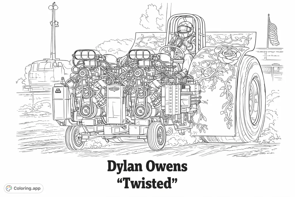 Unleash your creativity on this detailed tractor pull coloring page, featuring powerful engines, intricate designs, and a driver ready for action!