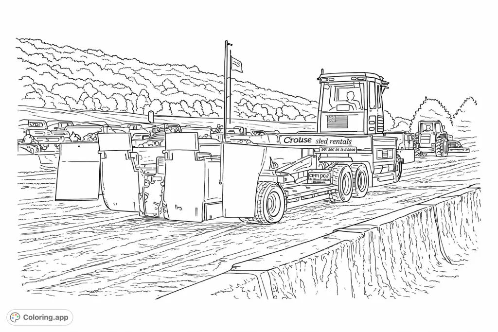 Experience the thrilling world of power pulling! A powerful tractor-sled combo dominates the dirt track, surrounded by spectators and a scenic landscape.