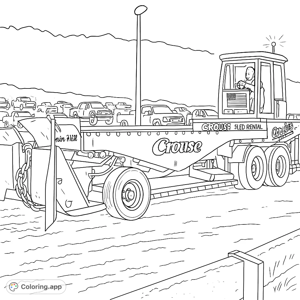 Experience the thrill of a power pulling event with this detailed coloring page featuring a massive sled vehicle on a dirt track, ready for action.
