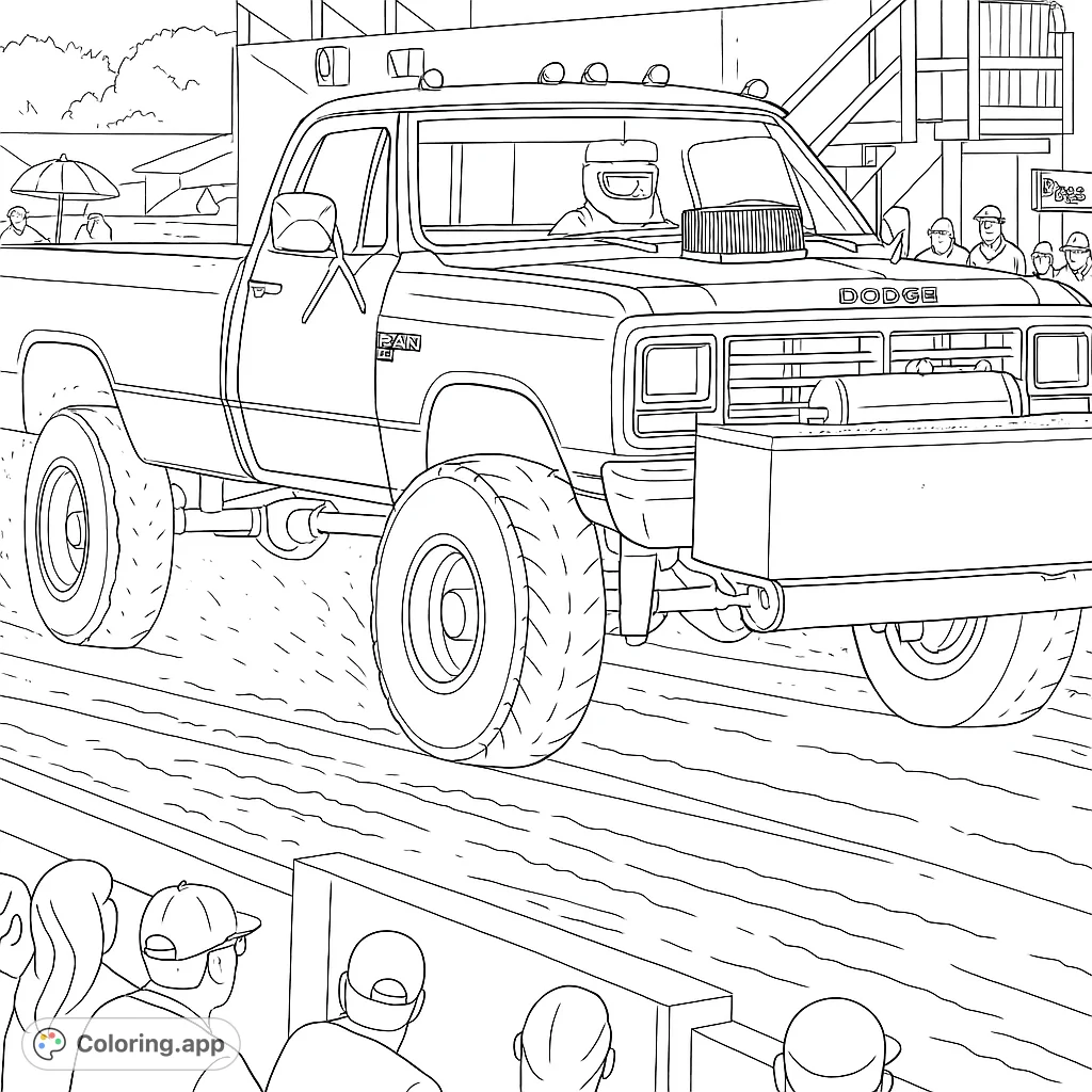 Experience the thrill of a truck pull with this dynamic coloring page featuring a powerful, lifted pickup kicking up dirt and debris.