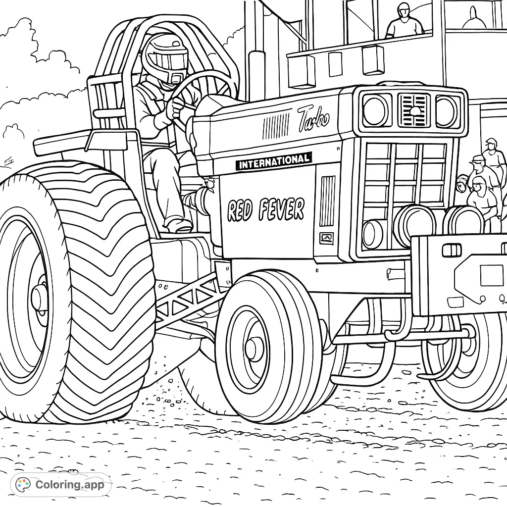 Experience the thrill of a tractor pull with this detailed coloring page. A powerful, modified tractor in action, perfect for vehicle enthusiasts.