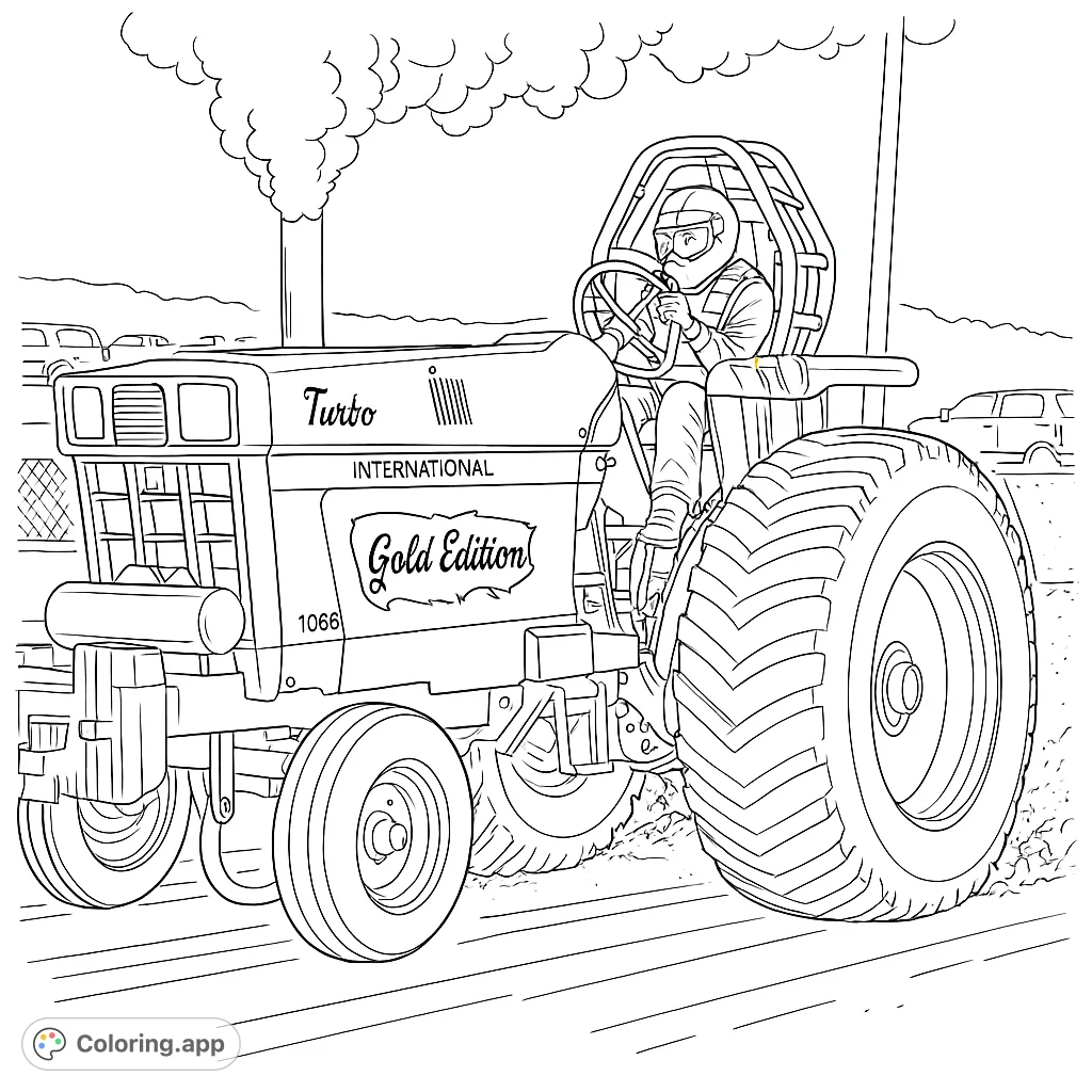 Experience the raw power of a tractor pull with this detailed coloring page featuring a modified machine, its driver, and a dynamic smoke plume.