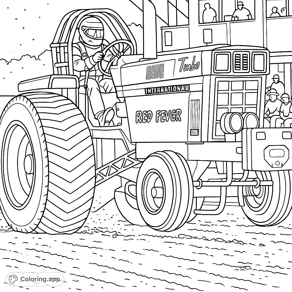 Experience the thrill of a tractor pull with this powerful machine kicking up dust. A detailed design for enthusiasts of heavy machinery and speed.