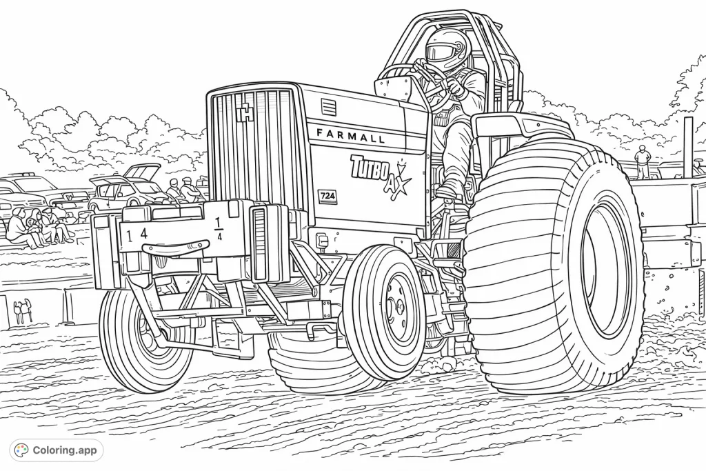 Experience the thrill of a tractor pull! This detailed coloring page features a powerful, modified tractor kicking up dirt, perfect for fans of heavy machinery and dynamic scenes.