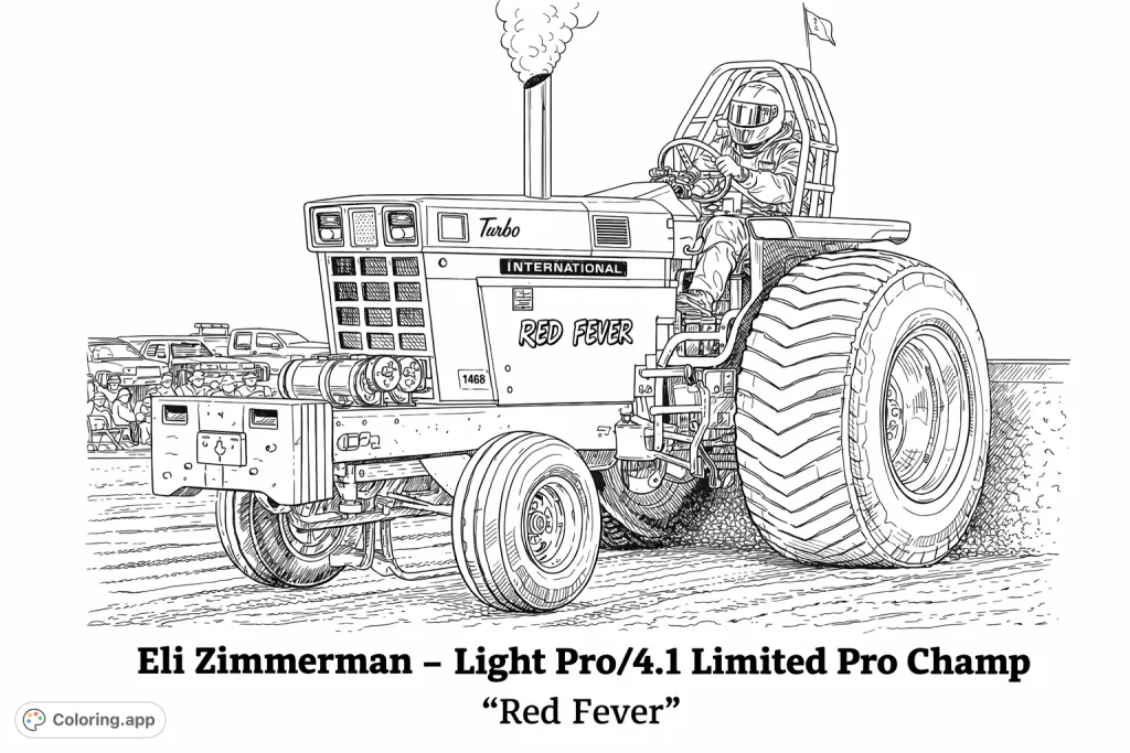 Unleash your creativity with this extreme tractor pull coloring page! Features a powerful, modified tractor on a dirt track, ready for action.