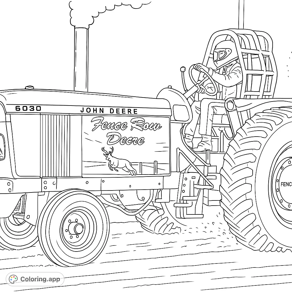 Experience the thrill of tractor pulling with this detailed coloring page featuring a powerful machine, a driver in a roll cage, and flying dirt.
