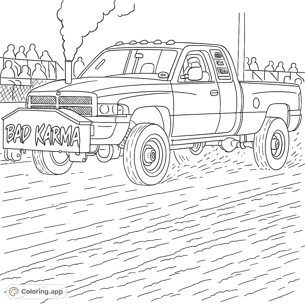 Experience the thrill of truck pulling with this detailed coloring page featuring a modified pickup kicking up dirt on a track. Perfect for vehicle enthusiasts!