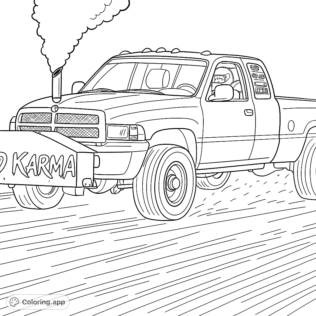 Experience the thrill of a powerful, modified pickup truck kicking up dirt on a track, featuring a "BAD KARMA" weight box and dynamic exhaust.