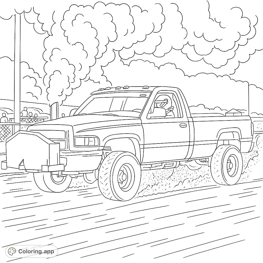 Experience the thrill of a powerful truck pulling event! This detailed coloring page features a modified pickup truck with a massive exhaust plume and flying dirt.