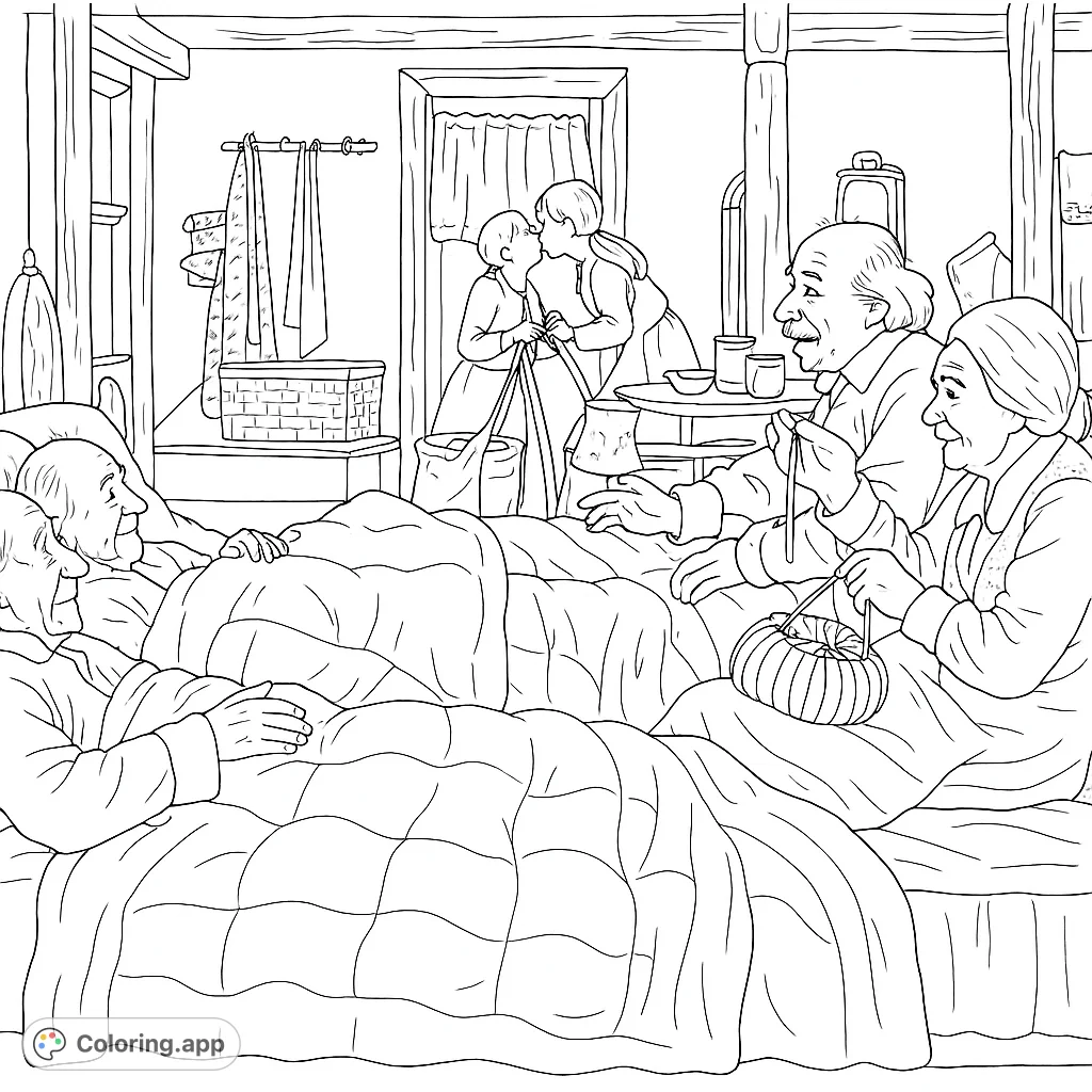 A heartwarming family scene with four grandparents in bed, visited by two children. Perfect for a cozy coloring experience.