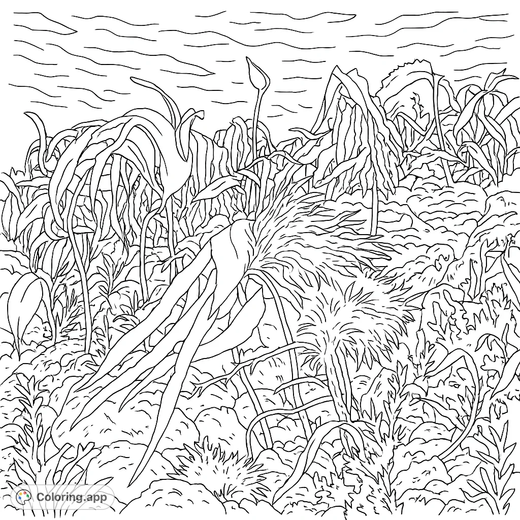 Explore a vibrant underwater kelp forest coloring page, featuring flowing kelp, intricate seaweed, and rocky seabed. A serene oceanic escape.
