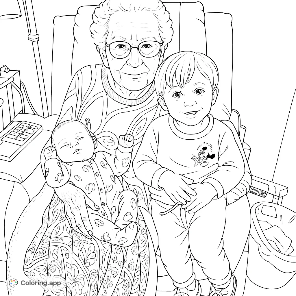 A heartwarming scene of an elderly woman holding a newborn, with a toddler beside her. Celebrate family bonds and the joy of new life with this touching coloring page.