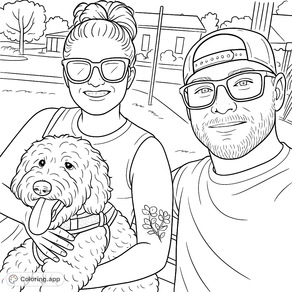 Capture a heartwarming moment with a smiling couple and their adorable fluffy dog. A delightful scene perfect for bringing to life with your favorite colors.