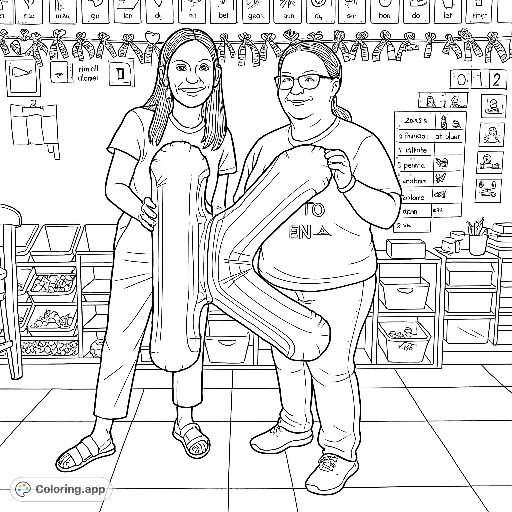 Celebrate learning with this classroom scene featuring two smiling women holding a large letter K balloon, surrounded by educational decor. Perfect for young learners!