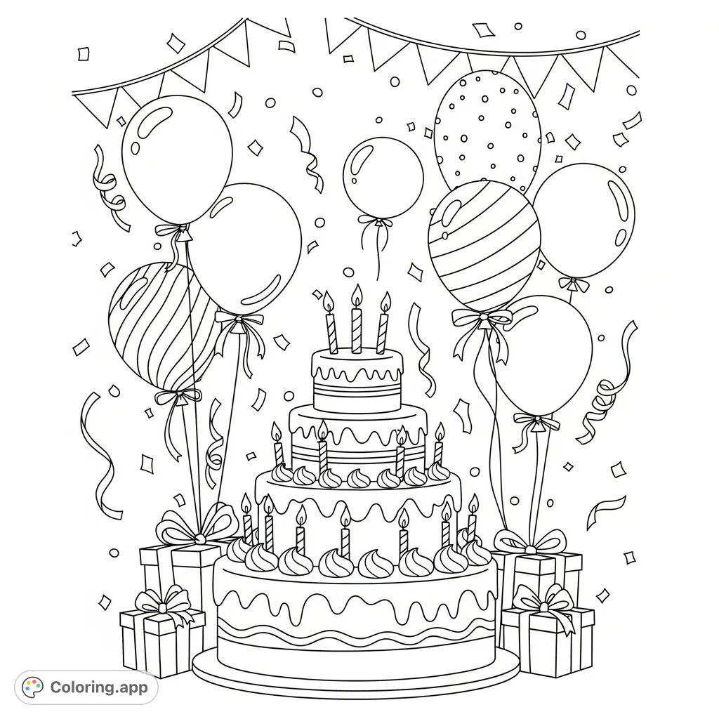 Celebrate with a delightful birthday scene featuring a grand cake, balloons, and gifts. Perfect for any festive occasion!