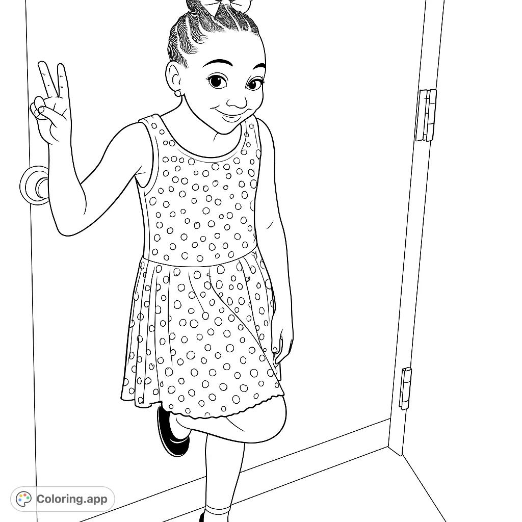 A cheerful girl in a dazzling textured dress strikes a fun pose, ready for a performance. Perfect for kids to color and express creativity!