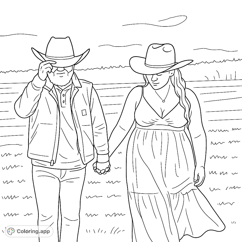 A romantic scene featuring a couple in cowboy hats walking hand-in-hand through an open field, perfect for a heartfelt coloring experience.