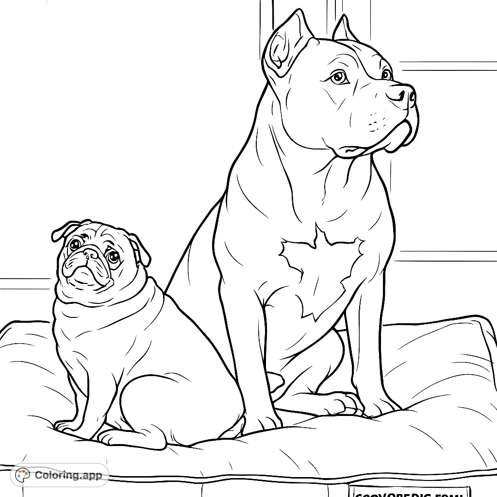A charming coloring page featuring a large, powerful dog and a small, expressive pug sitting together on a cozy dog bed, perfect for pet lovers.
