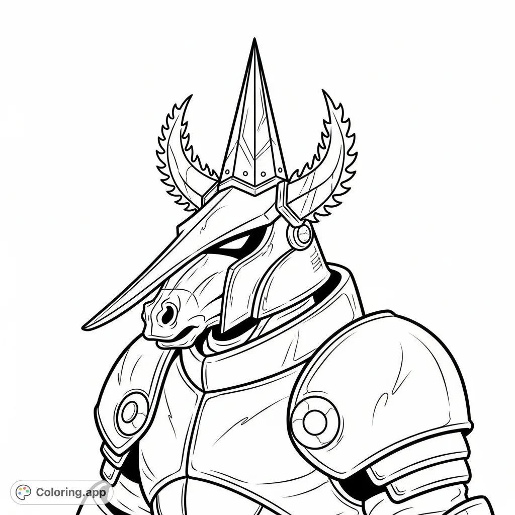 Unleash your creativity on an armored figure featuring a unique horse-like biker helmet with an elongated visor and a menacing, serrated pyramid horn.