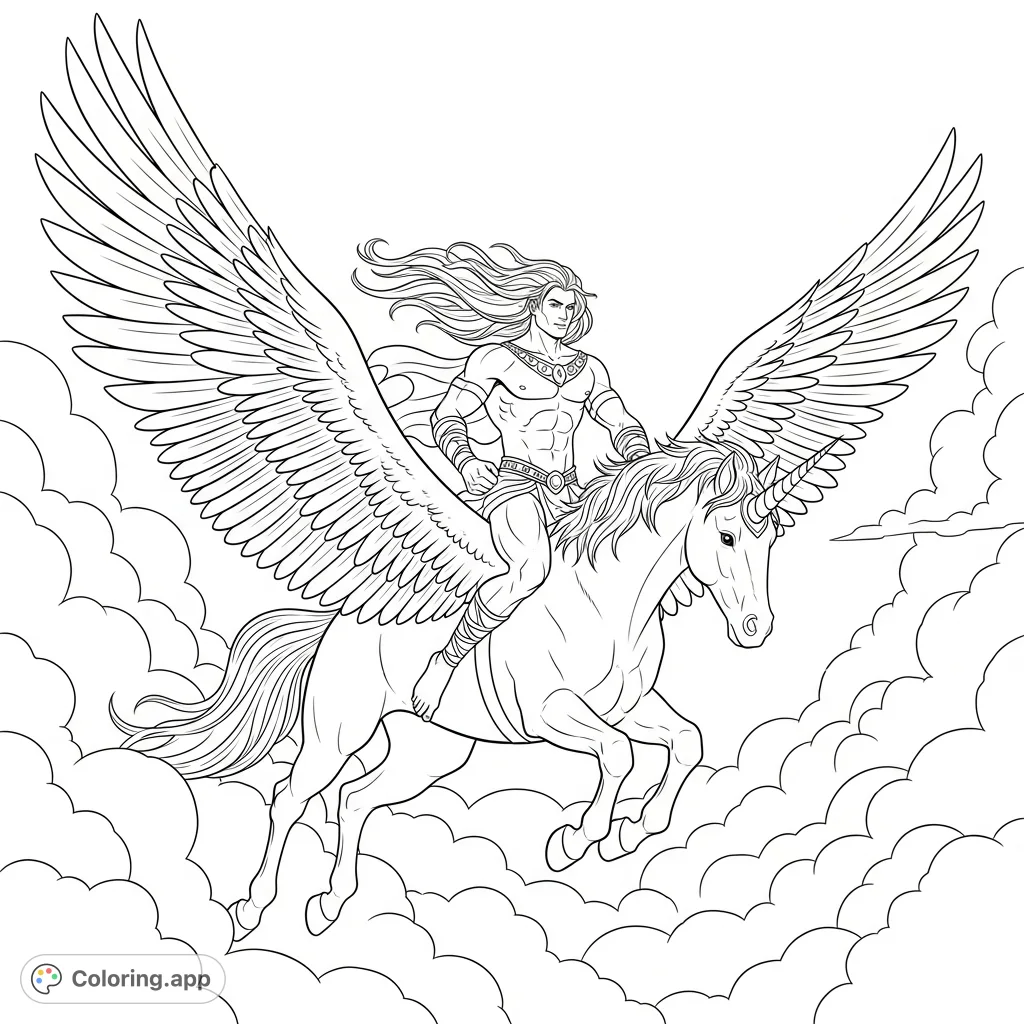 A powerful, muscular man with flowing hair rides a majestic, flying alicorn through a dramatic sky, perfect for adult fantasy enthusiasts.