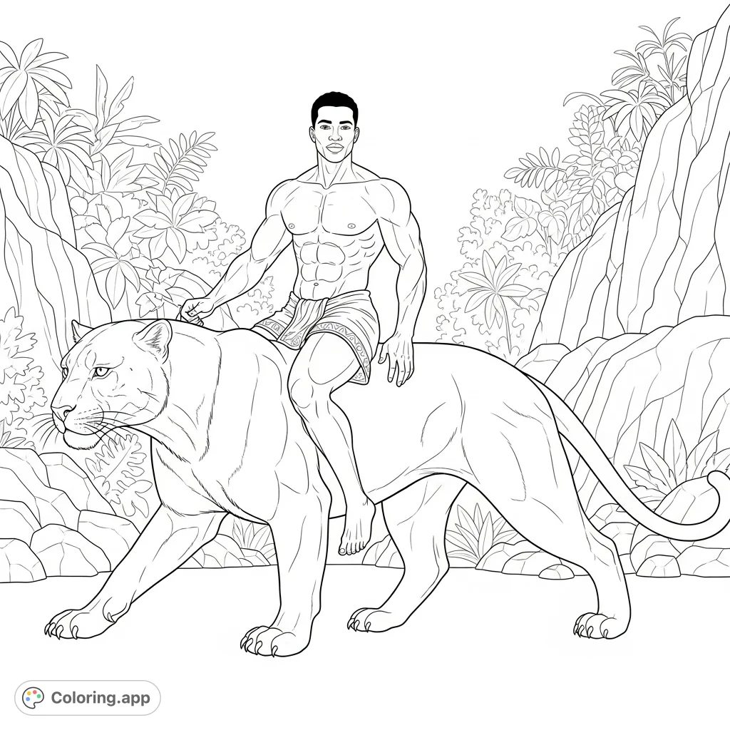 A powerful muscular man in a loin cloth rides a sleek panther through a wild landscape, embodying strength and primal connection. Perfect for an adventurous coloring experience.
