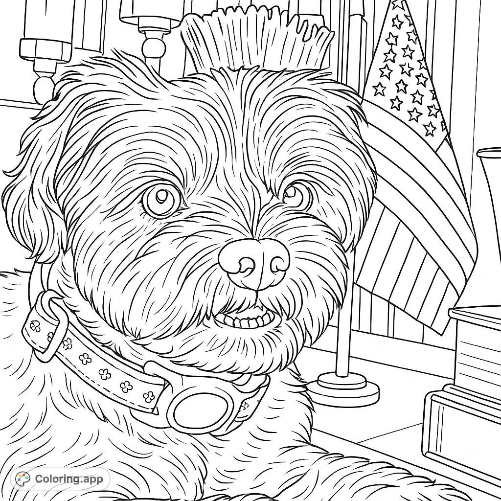 A charming shaggy dog portrait, complete with a patterned collar and a patriotic flag in the background. Perfect for dog lovers and national holiday celebrations.