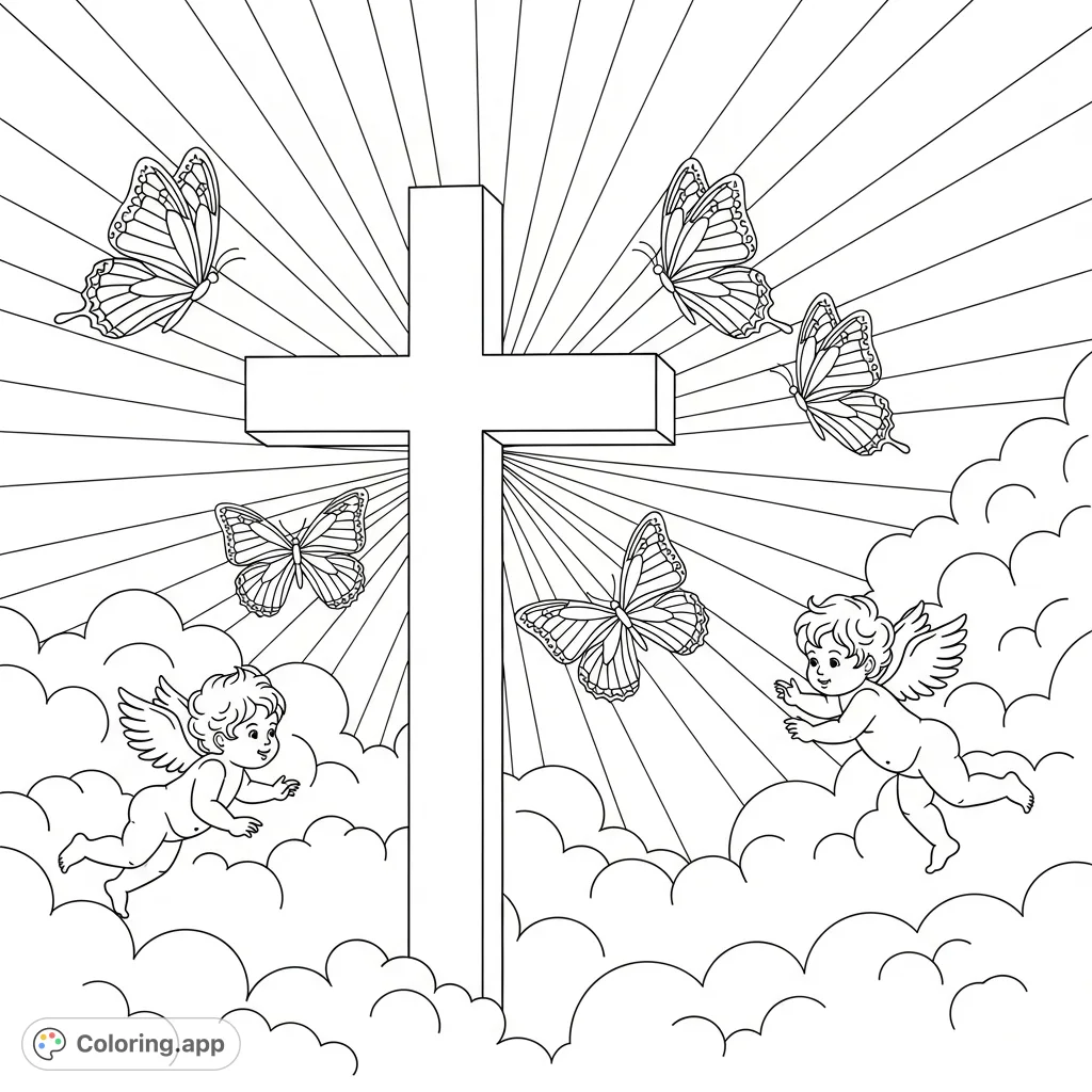 A serene cross surrounded by radiant light, graceful butterflies, fluffy clouds, and playful cherubs, offering a peaceful and inspirational coloring experience.