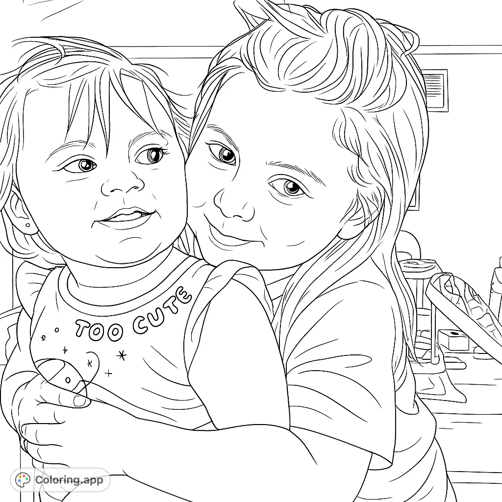 Capture the warmth of a sibling embrace with this adorable coloring page featuring two children hugging, perfect for expressing love and creativity.