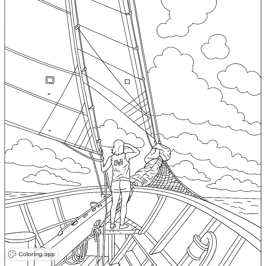 Embark on a nautical adventure! This sailboat coloring page features a person gazing at the horizon, surrounded by sails, rigging, and the vast ocean.