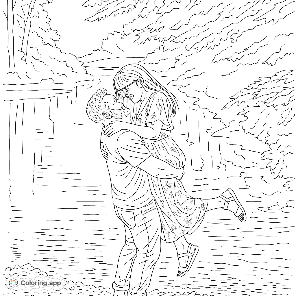 Capture a moment of pure joy with this romantic river embrace coloring page. A couple shares a loving look amidst a serene natural backdrop, perfect for expressing affection.