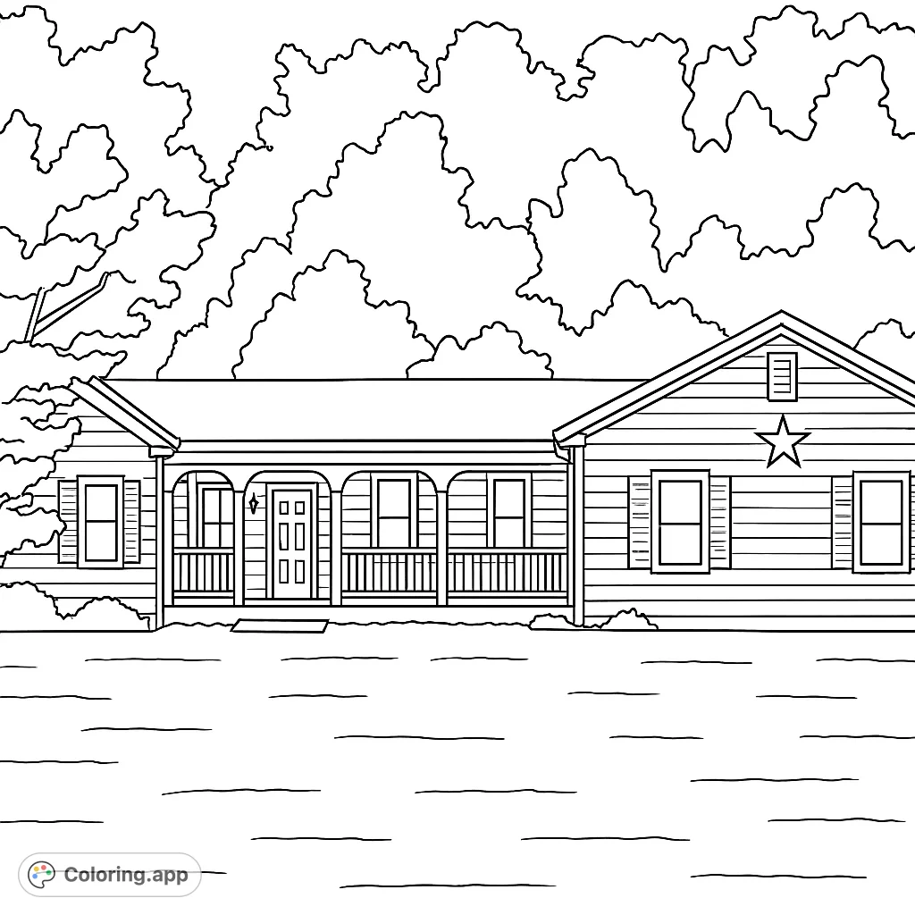 A charming ranch-style house with a welcoming porch, surrounded by a spacious lawn and lush trees, perfect for a relaxing coloring experience.