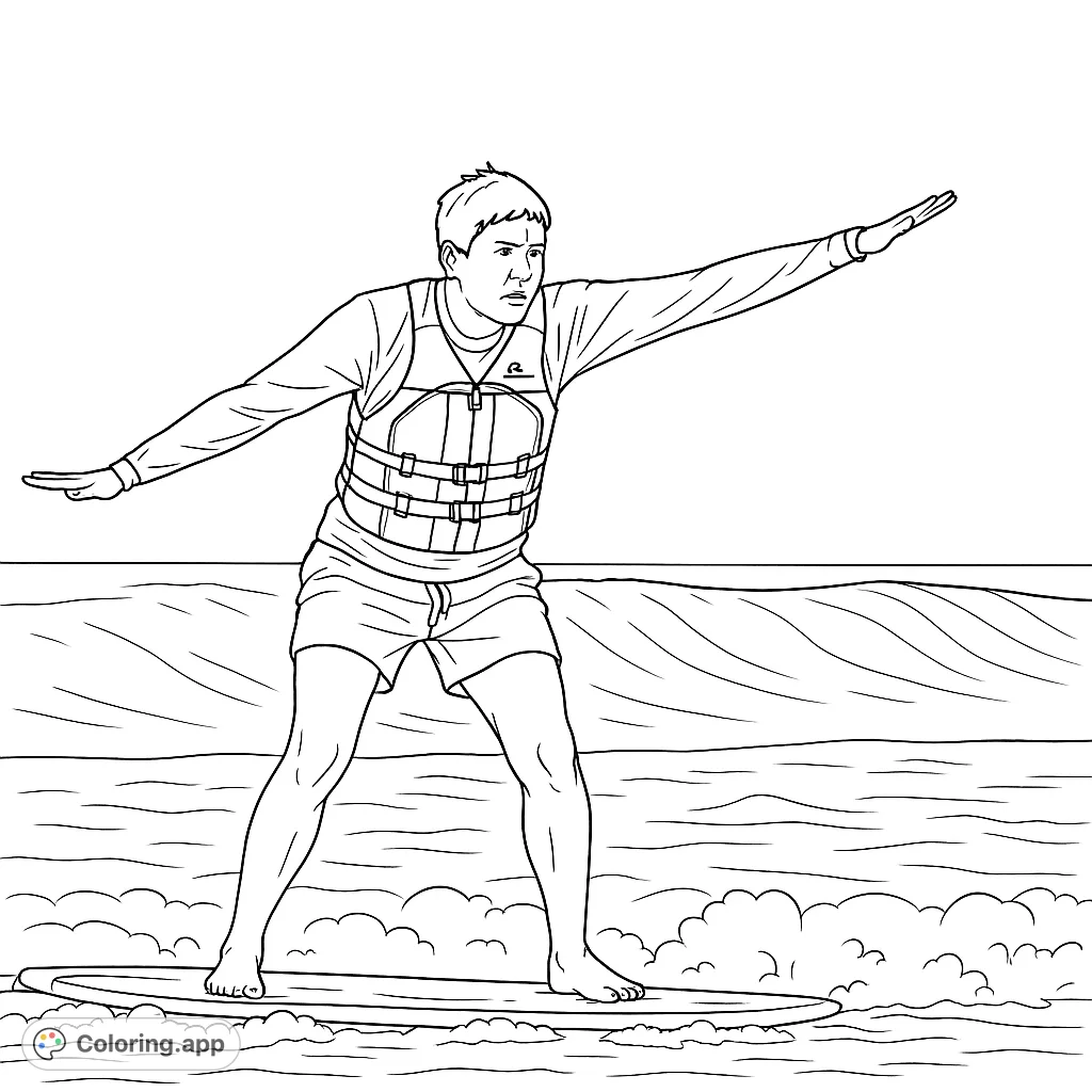 Catch the perfect wave with this dynamic surfer balancing on a board. A thrilling ocean adventure awaits your creative touch.