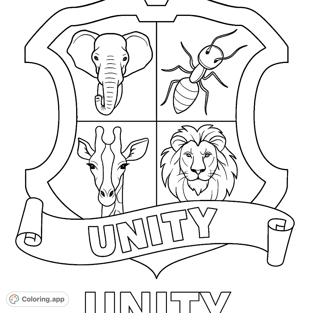 Explore a unique animal unity shield coloring page featuring an elephant, ant, giraffe, and lion, symbolizing strength and diversity. Perfect for all ages.