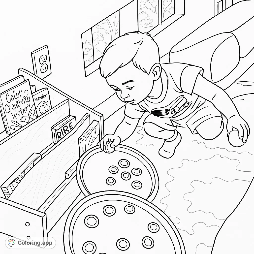 A delightful toddler coloring page featuring a child engrossed in play with round objects and a bookshelf. Perfect for young artists to explore creativity.