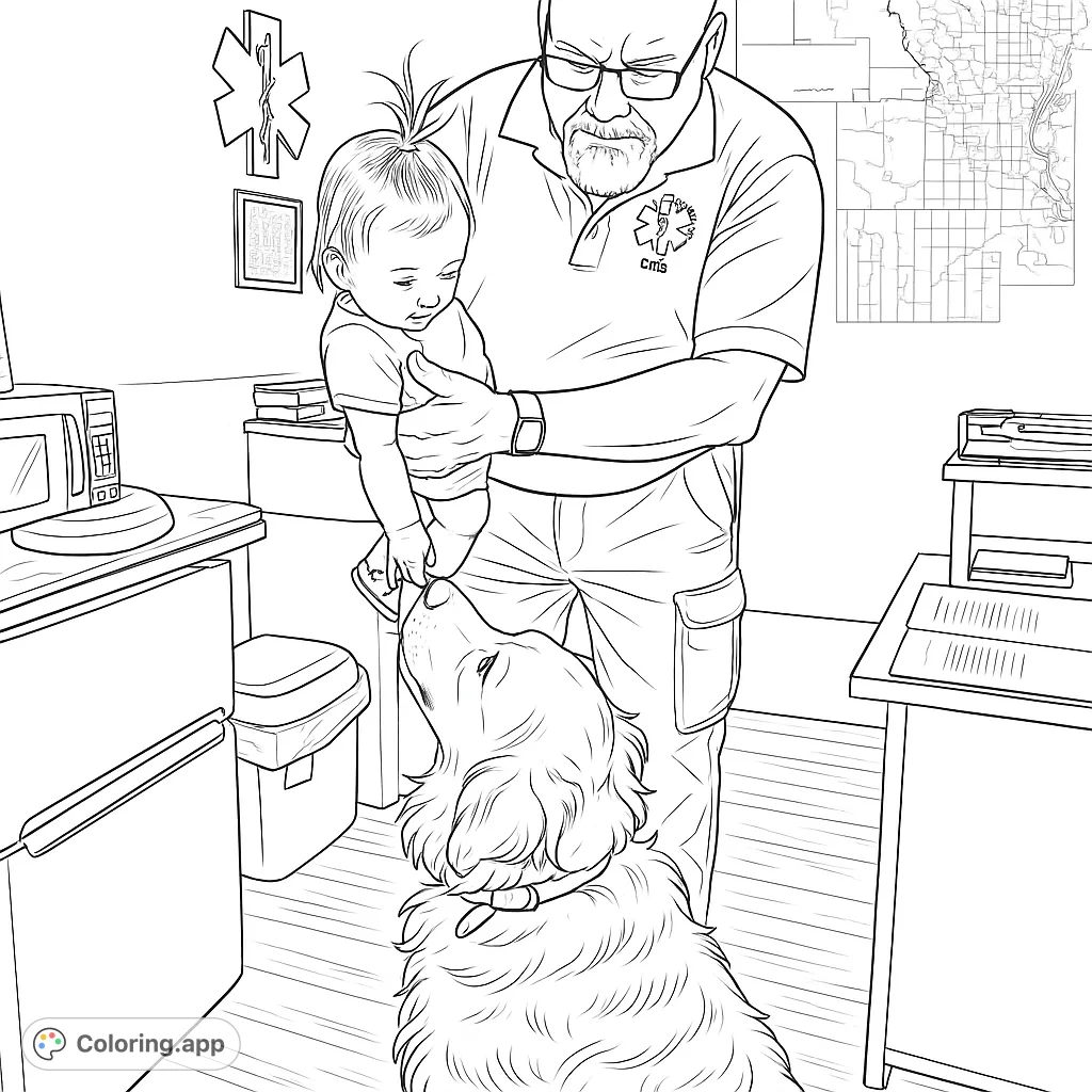 A heartwarming scene of a man holding a baby as it gently interacts with a friendly dog. Perfect for a family-themed coloring page.